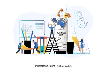 Concept startup business project. Creative team prepares and launches rocket business idea - planning, strategy, development, management. Process launching start up. Vector illustration.