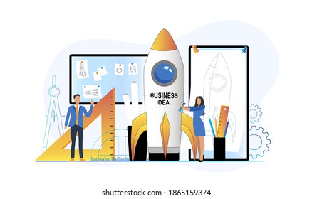 Concept startup business project. Creative team prepares and launches rocket business idea - planning, strategy, development, management. Process launching start up. Vector illustration.