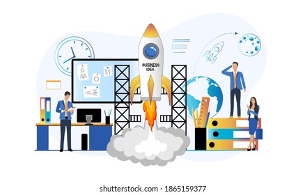 Concept startup business project. Creative team prepares and launches rocket business idea - planning, strategy, development, management. Process launching start up. Vector illustration.