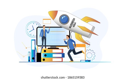 Concept startup business project. Creative team prepares and launches rocket business idea - planning, strategy, development, management. Process launching start up. Vector illustration.