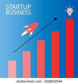 Concept startup business with rocket and graph to victory. illustration vector