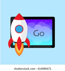 The concept of a startup in cartoon style. Tablet with a soaring rocket on blue background. Vector illustration. Element for poster design.