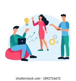 Concept of a startup community. Teamwork, discussion of issues, generation of ideas, creativity. Young men and women work together. Flat cartoon vector illustration.