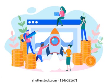 Concept startup launch of a new business for web page, banner, presentation, social media, business project start up. young emerging company Vector illustration, rocket launch into space, thinking