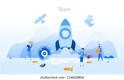 Concept startup launch of a new business for web page, banner, presentation, social media, business project start up. young emerging company Vector illustration, rocket launch into space, thinking