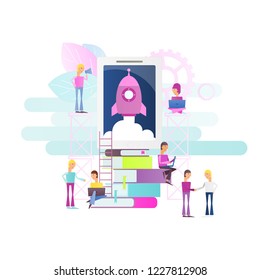 Concept Startup Launch of New Business. Modern Flat Design Banner about Launching Rocket. Vector Illustration for Website, Social Media and Landing Page. Square Format. Isolated on White Background.