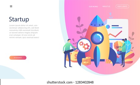 Concept startup launch of a new business for web page, banner, presentation, social media, business project start up. young emerging company, team work,  Vector illustration, rocket build process