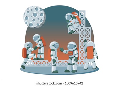 Concept startup launch of a new business for web page, banner, presentation, social media, business project start up. Young emerging company, team work. Vector illustration cartoon flat astronauts