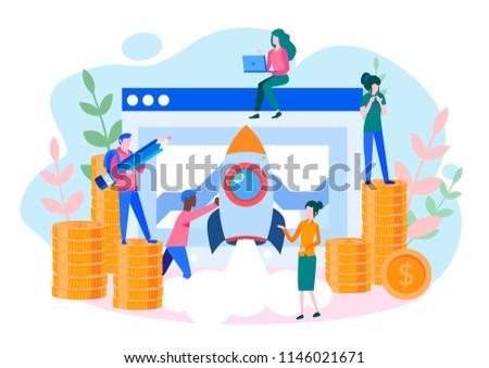 Concept startup launch of a new business for web page, banner, presentation, social media, business project start up. young emerging company Vector illustration, rocket launch into space, thinking