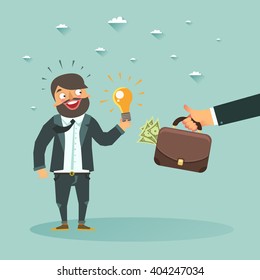 Concept of startup monetization strategies. Business man cartoon character have an idea for startup and holding Eureka lamp. Colorful vector illustration in flat style