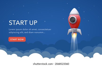 concept for the start-up page. 3d rocket flying into space. Vector illustration