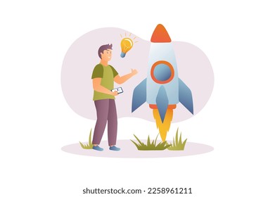 Concept Startup with people scene in the flat cartoon design. Man launches his first startup and follows its development. Vector illustration.