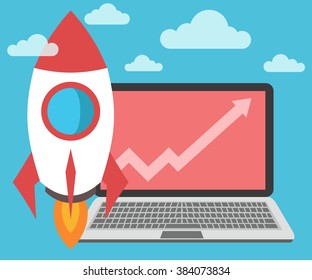 Concept of the startup and project development. Flat vector illustration with spaceship and laptop.