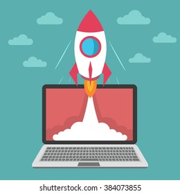 Concept of the startup and project development. Flat vector illustration with spaceship and laptop.