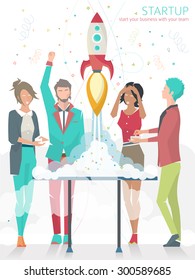 Concept of startup with rocket. Start business with your team