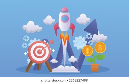 Concepto de la escena inicial sin gente en el diseño de caricaturas. Imagen del lanzamiento de una nueva startup.sobre fondo azul.Ilustración de diseño de vectores.