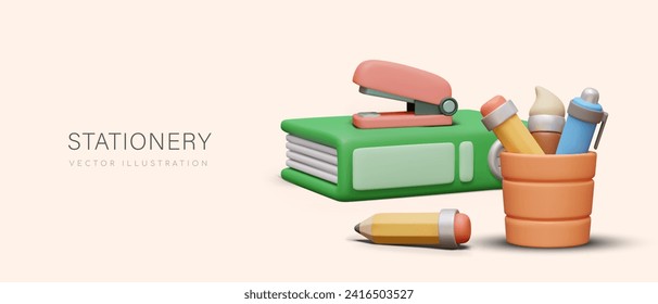 Concept of stationery. Composition with files, stapler, orange cup with pen, brush, and pencil