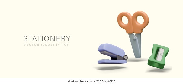 Concept of stationery. Realistic scissors with orange handles, blue stapler, and green sharpener