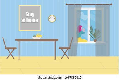 The concept of "stay home" amid the spread of coronovirus infection.Child girl sitting on a window sill and looking out the window.Quarantined child, self-isolation