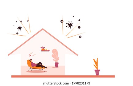 Concept stay home, Covid-19. man sleeping resting inside the house  to avoid germs and external epidemics. Vector flat style. Illustration for content relaxing, happy, lifestyle, COVID-19, stay house