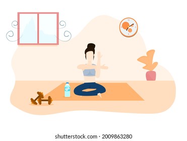 Concept stay home, exercise, relax. Woman doing exercise, doing yoga, inside the house during the holidays. Vector flat style. Illustration for content yoga, stay home, vacation, happy, quarantine