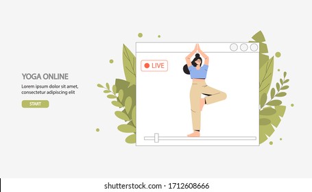 The concept stay at home. Exercises, sports, home fitness, online yoga broadcast live. A young female yoga instructor shows exercises in a smartphone app. Flat style vector illustration. 