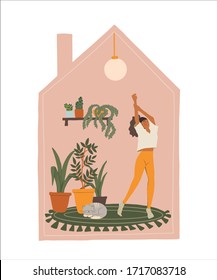 Concepto de quedarse en casa, estar feliz y disfrutar de la vida. Ilustración vectorial de la mujer que baila, hace ejercicio, escucha música en el período de distanciamiento social durante la cuarentena. El interior de una casa moderna