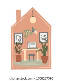 Concept of stay home, keep calm, stay safe. Cute modern house interior with plants, cactus, picture, desk, laptop and rag. Work or study from home, freelance idea vector illustration