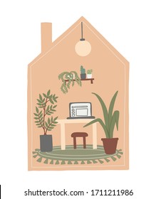 Concept of stay home, keep calm, stay safe. Cute modern house interior with plants, cactus, picture, desk, laptop and rag. Work or study from home, freelance idea vector illustration