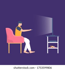 the concept of stay at home, relax and entertainment. illustration of a man sitting while watching television, holding a remote. flat design. can be used for elements, landing pages, UI.