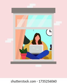 The concept of staying at home. a woman sits with a laptop and looks out the window. Social isolation during the epidemic. Vector illustration in flat style