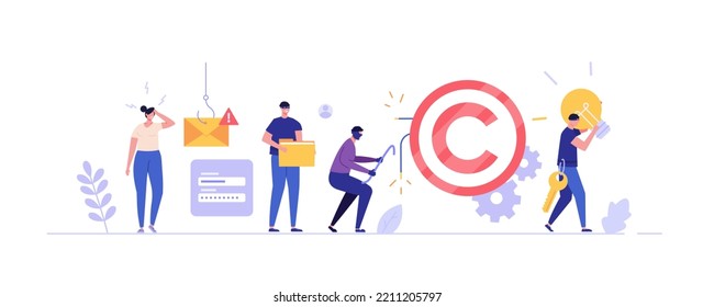 Concepto de robo de ideas, plagio, piratería de propiedad intelectual, contenido ilegal. Ladrón con máscara negra robando idea de privacidad con derechos de autor. Ilustración vectorial en diseño plano para banner web, UI