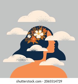 The concept of a step into the unknown future. The head of a man in the clouds. A woman before going to meet fear. Color flat vector illustration