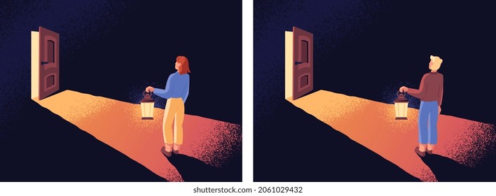 Concept of stepping into unknown future. Man and woman hold flashlight and walk to bright open door. Illuminated way forward. Darkness. Cartoon flat vector collection isolated on white background