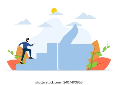concept of steps to success and achieving goals, businessman climbing the ladder to get a thumbs up or stages of success, career improvement or development, ladder of success to achieve achievement.