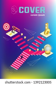 Concept of steps to success and achieving your goal. Man walking up stairs to goal. Staircase 3D isometric abstract vector illustration. Business cover book design template.