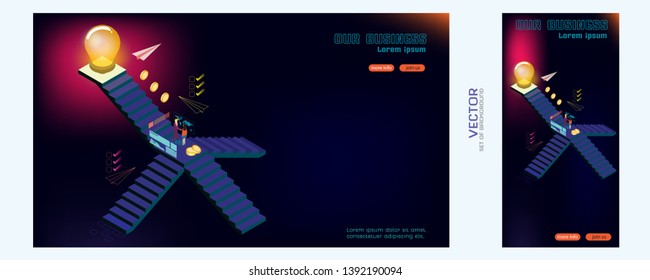 Concept of steps to success and achieving your goal. Man walking up stairs to goal. Staircase isometric abstract vector illustration. Business background design template for different screen sizes.