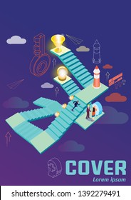 Concept of steps to success and achieving your goal. Man walking up stairs to goal. Staircase 3D isometric abstract vector illustration. Business cover book design template.