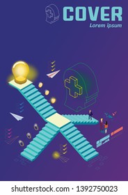 Concept of steps to success and achieving your goal. Man walking up stairs to goal. Staircase 3D isometric abstract vector illustration. Business cover book design template.