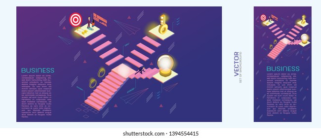 Concept of steps to success and achieving your goal. Man walking up stairs to goal. Staircase isometric abstract vector illustration. Business background design template for different screen sizes.
