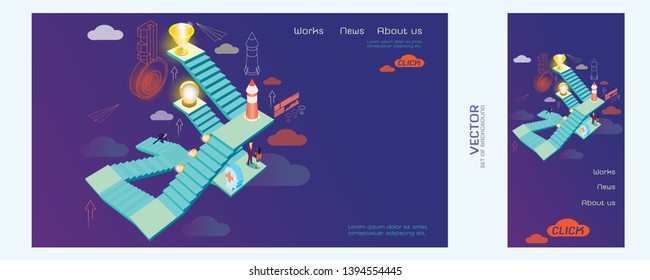Concept of steps to success and achieving your goal. Man walking up stairs to goal. Staircase isometric abstract vector illustration. Business background design template for different screen sizes.