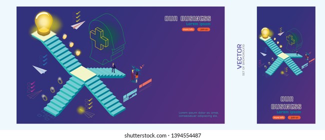 Concept of steps to success and achieving your goal. Man walking up stairs to goal. Staircase isometric abstract vector illustration. Business background design template for different screen sizes.