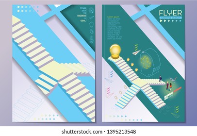 Concept of steps to success and achieving your goal. Man walking up stairs to goal. Staircase 3D isometric abstract vector illustration. Business cover book and flyer design template.