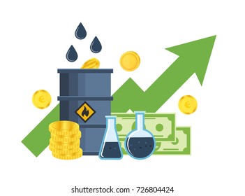 Concept of a stock exchange of resources and currencies. Growth and fall in prices for gasoline and oil, trading pricing courses, investments, management. Vector illustration isolated.