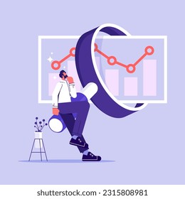 Concept of stock investment prospect analysis, business development analysis, Man with magnifying glass look at graphs and charts. Work with statistics and marketing research, analytical department