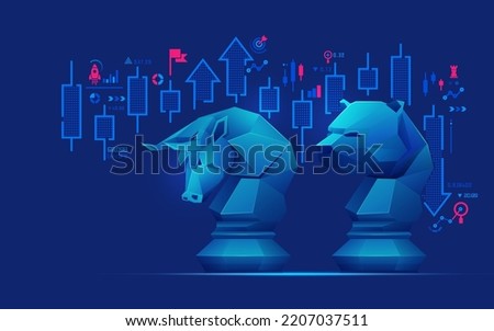 concept of stock market business strategy, graphic of bull chess piece and bear chess piece with stock market element