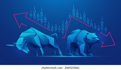 concept of stock market exchange or financial analysis, polygon bull and bear with futuristic element