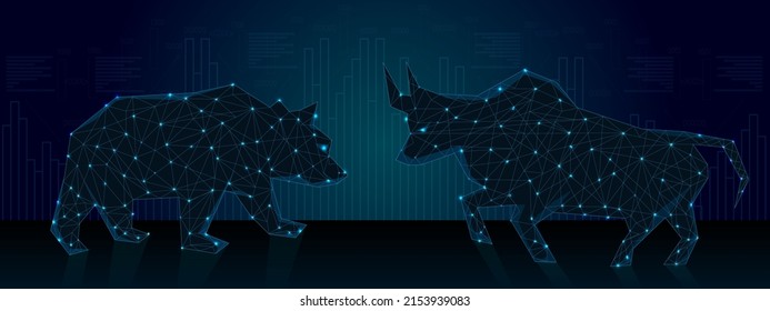 Concept of stock market exchange or financial technology, polygon bull and bear with futuristic element. Bearish vs bullish in low poly wireframe style on futuristic background. Financial investment.