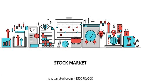 Concept stock market process and securities trading, modern flat thin line design vector illustration, for graphic and web design