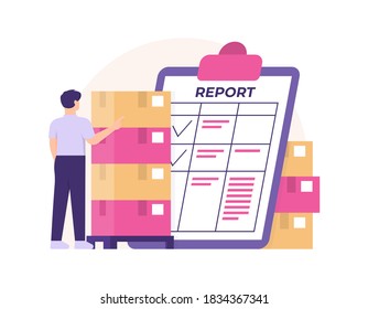 the concept of stock take staff, warehouse admin, goods supervisor. illustration of an employee or male worker counting and reading the inventory report. flat style. design elements